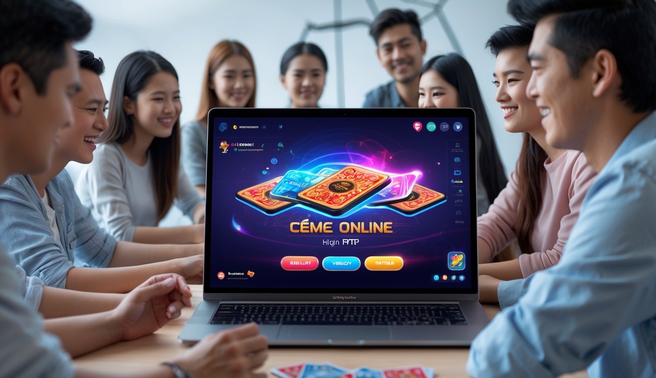 Beberapa orang muda sedang bermain permainan kartu Ceme online di depan laptop di ruangan modern yang terang.