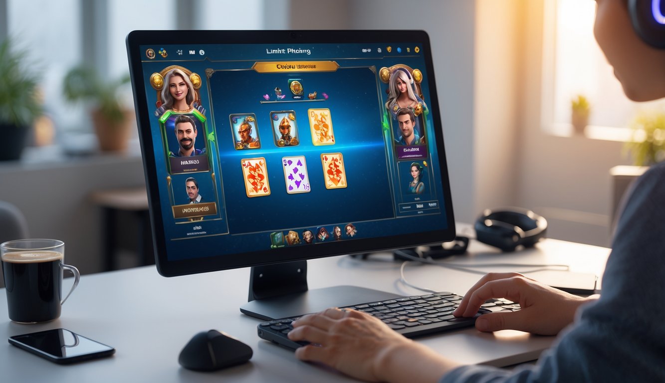 Seseorang bermain permainan kartu online di depan komputer di ruang kerja yang rapi dan nyaman.