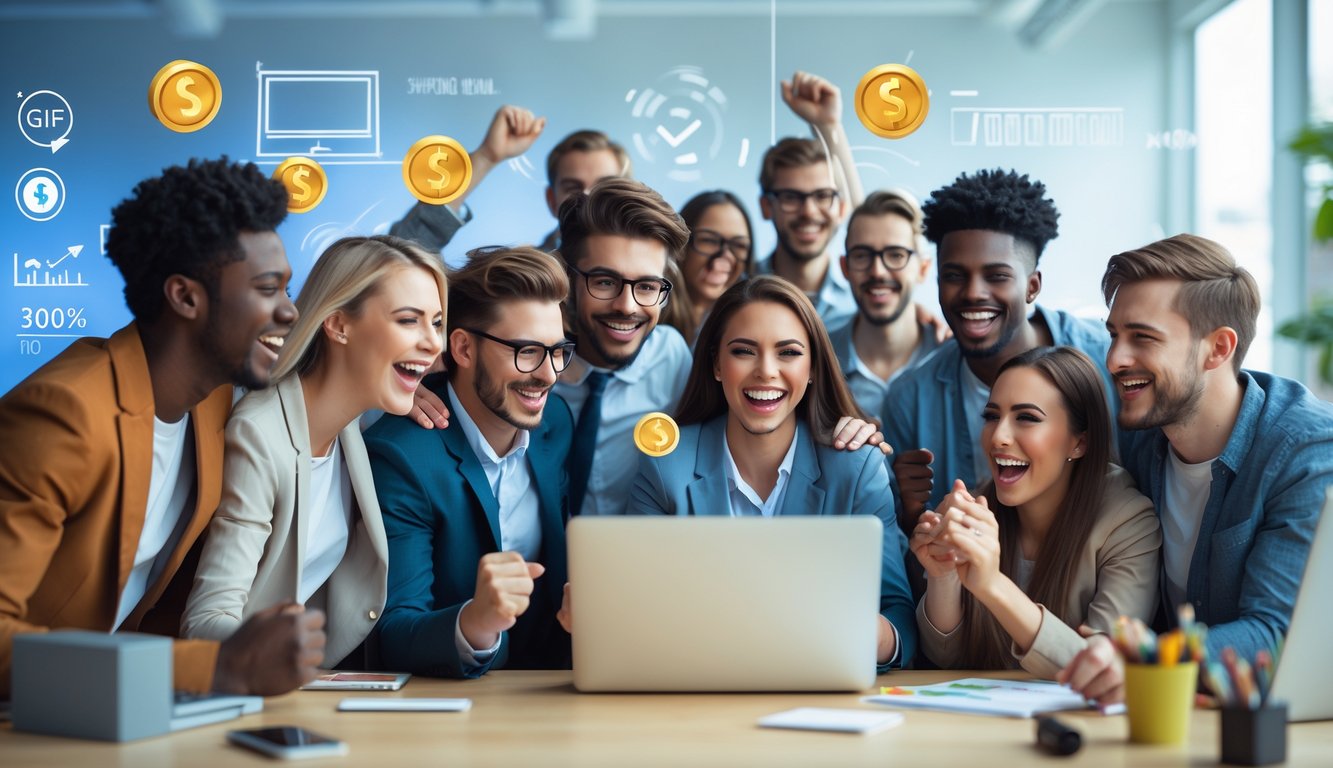 Sekelompok orang muda sedang berkumpul di sekitar laptop di kantor modern, terlihat senang dan bersemangat merayakan keberhasilan mendaftar bonus online.