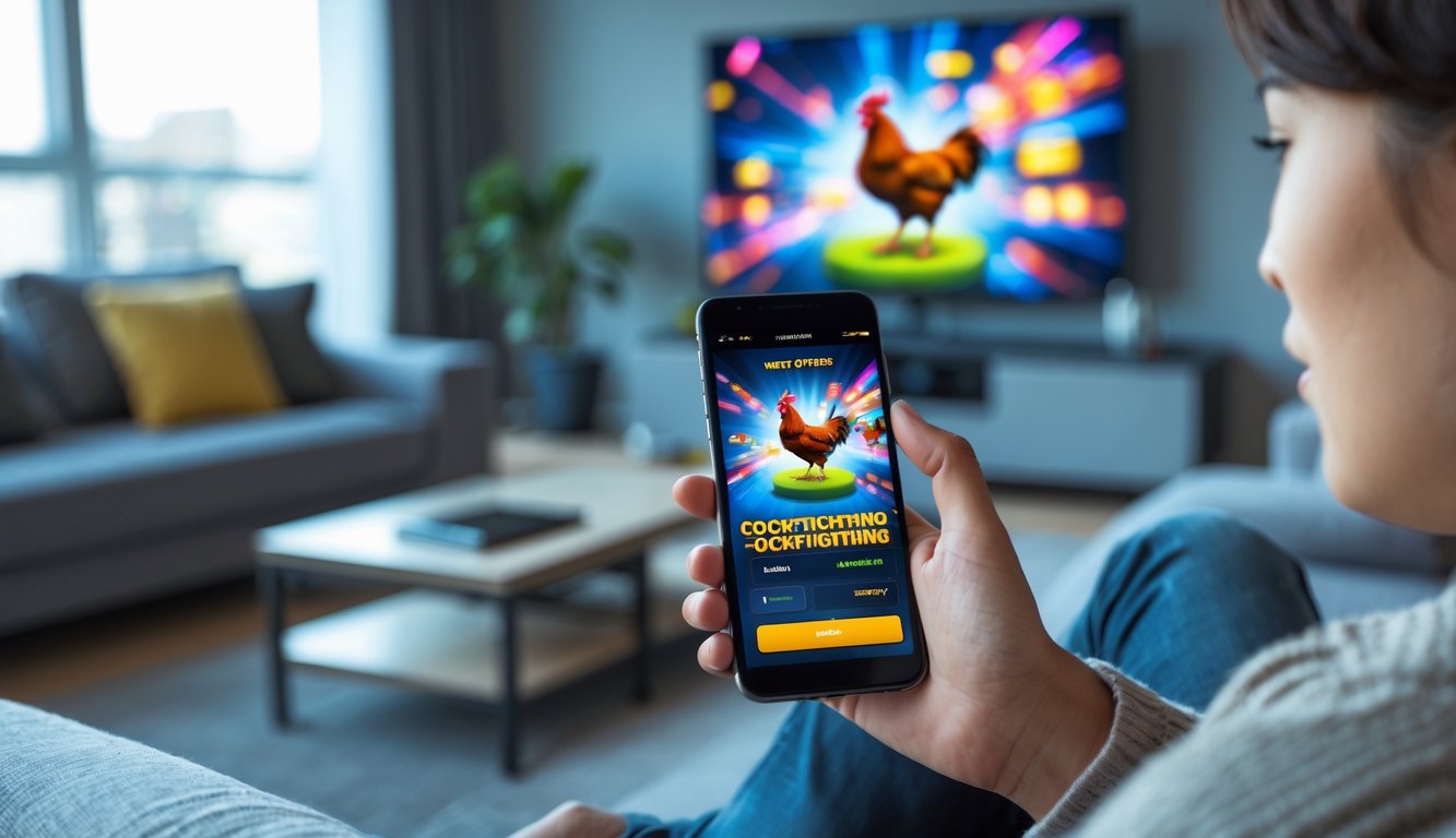 Seseorang duduk di ruang tamu modern memegang ponsel yang menampilkan aplikasi sabung ayam online.