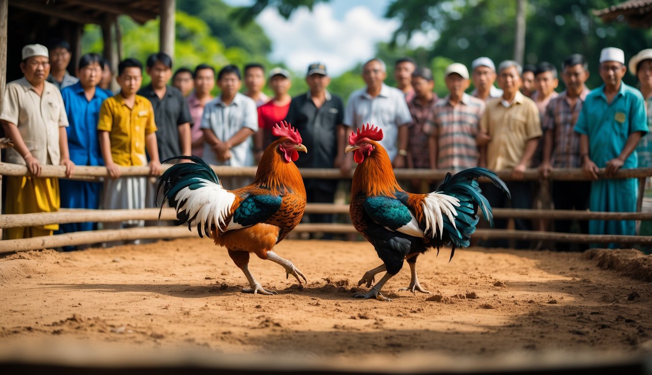 Pertandingan sabung ayam tradisional dengan dua ayam jago bertarung di arena kayu dan penonton yang memperhatikan dengan serius.