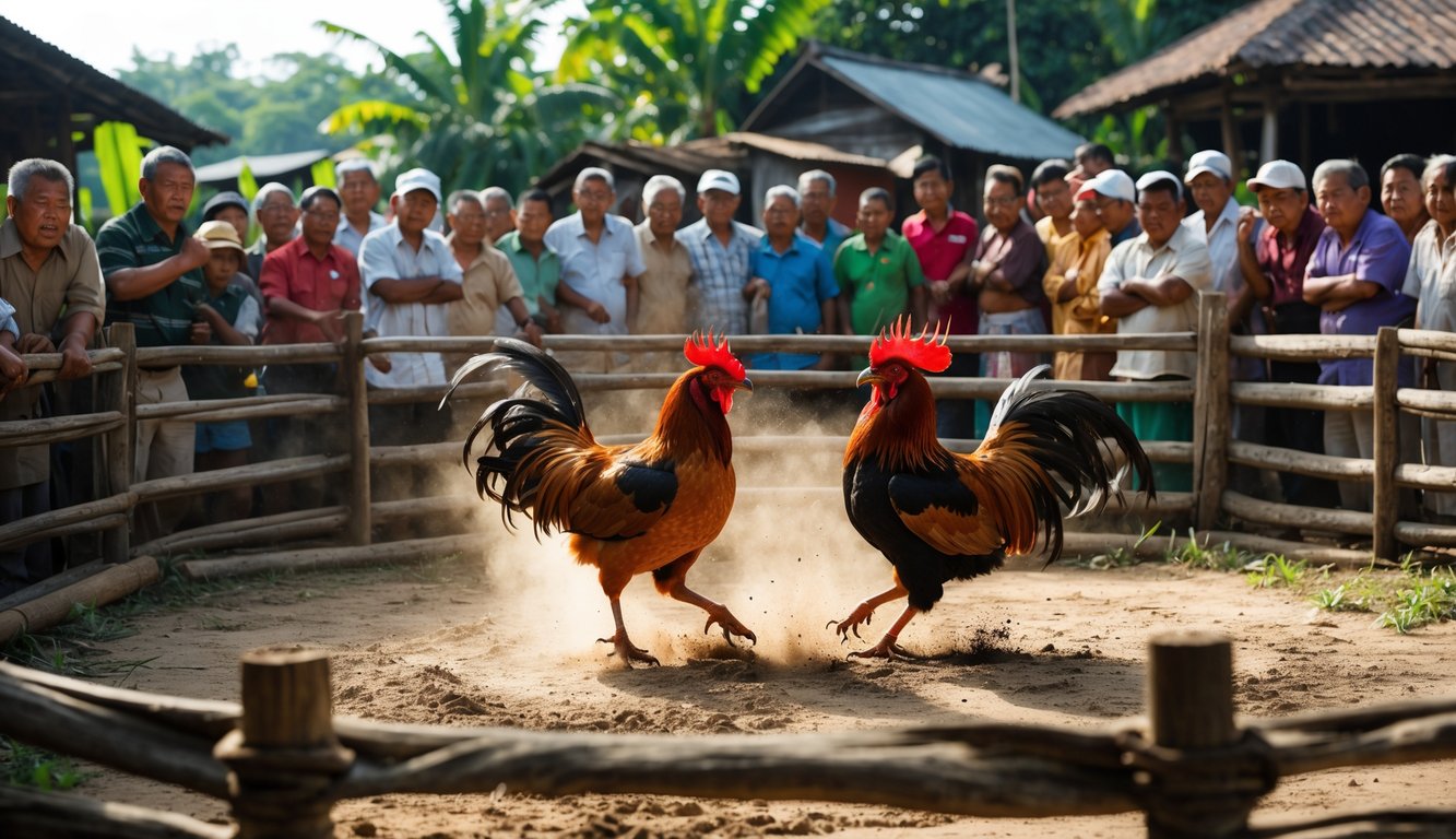 Dua ayam jago sedang bertarung di arena dengan penonton di sekitarnya di sebuah desa tradisional.