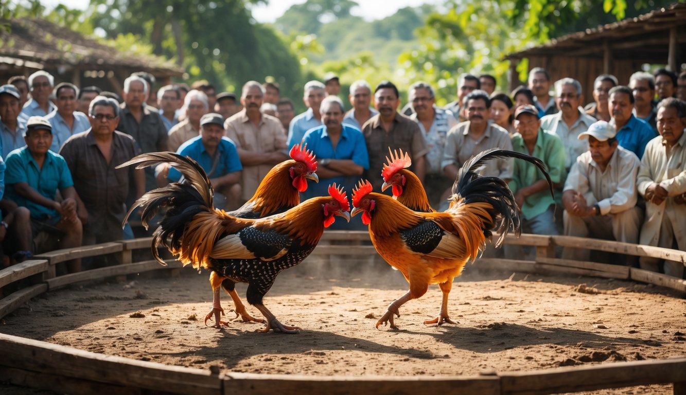 Dua ayam jago sedang bertarung di arena melingkar dengan penonton yang memperhatikan dengan serius di sekelilingnya.