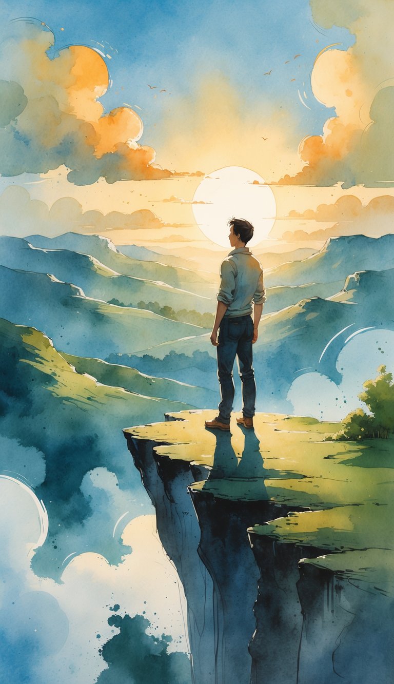 A person standing tall on a cliff overlooking hills and a rising sun, with a gentle breeze and clouds in the sky to represent Height and Self Belief