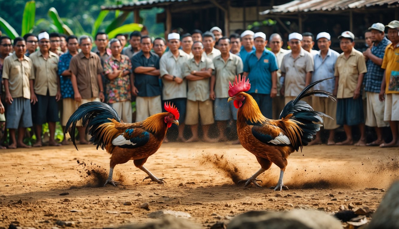 Kerumunan orang menonton dua ayam jantan bertarung di arena luar ruangan dalam acara judi sabung ayam tradisional.