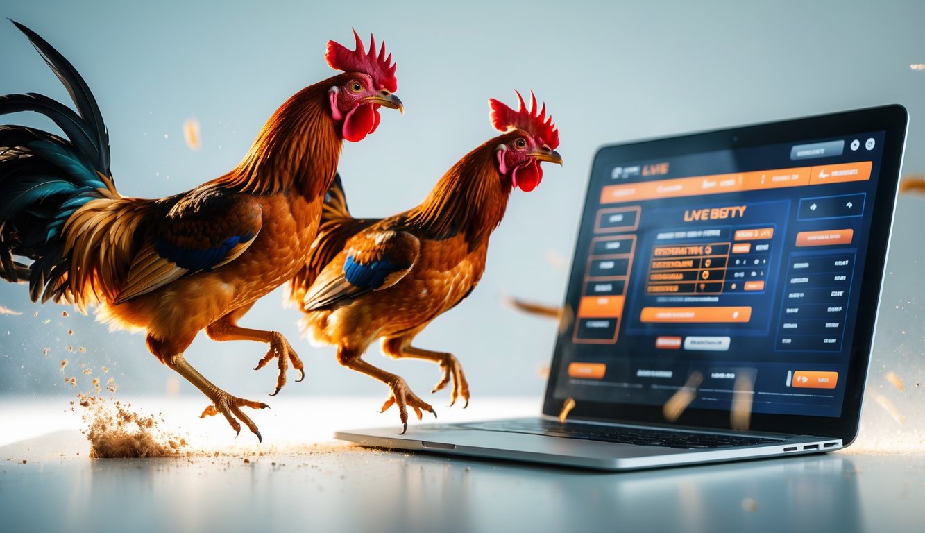 Dua ayam jago sedang bertarung di udara dengan latar belakang perangkat digital yang menampilkan tampilan taruhan secara online.