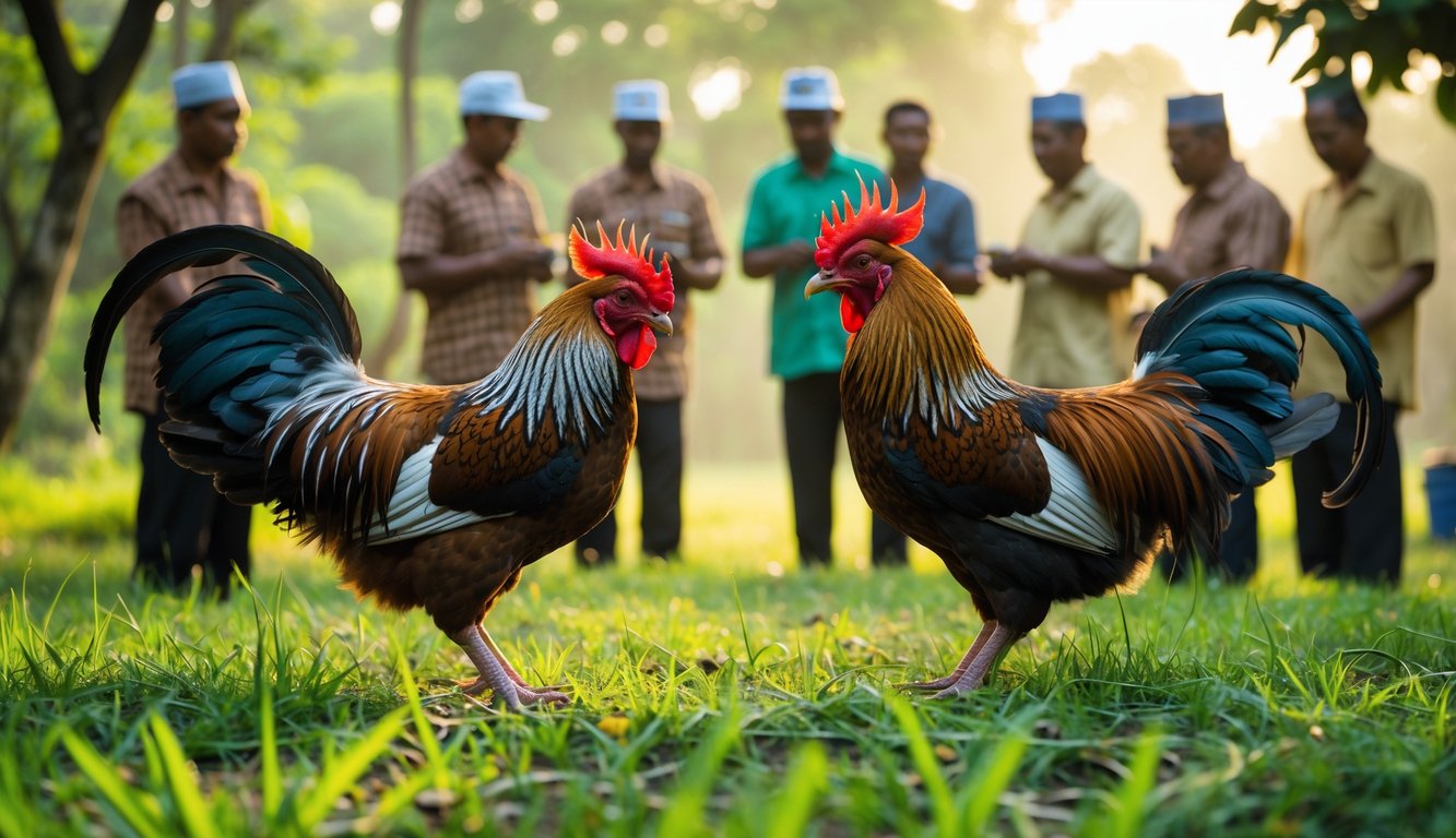Dua ayam jantan saling berhadapan di luar ruangan dengan beberapa pria mengamati di latar belakang.