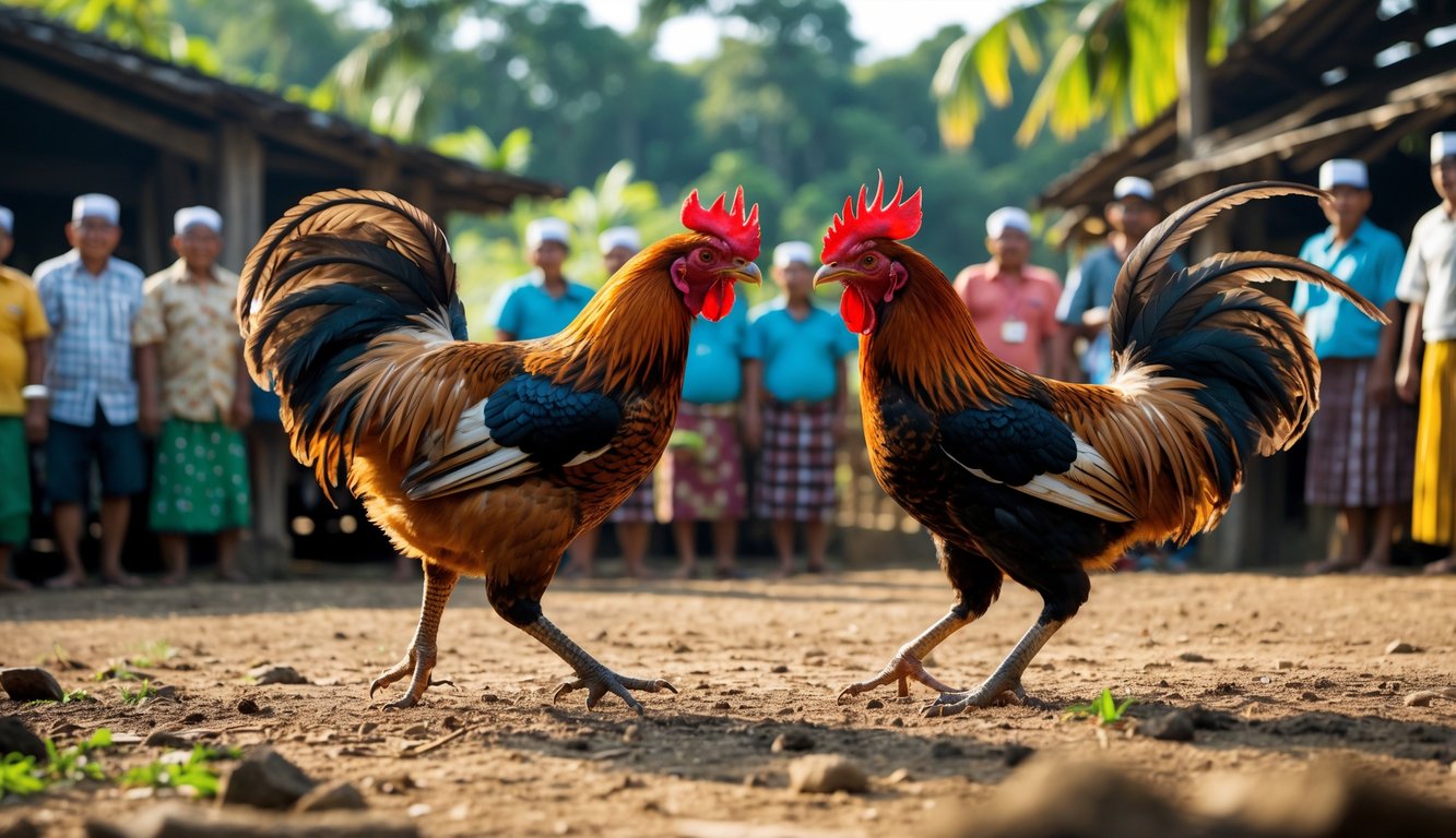 Dua ayam jantan sedang bertarung di tengah kerumunan orang di luar ruangan dengan latar belakang pepohonan hijau dan bangunan kayu sederhana.