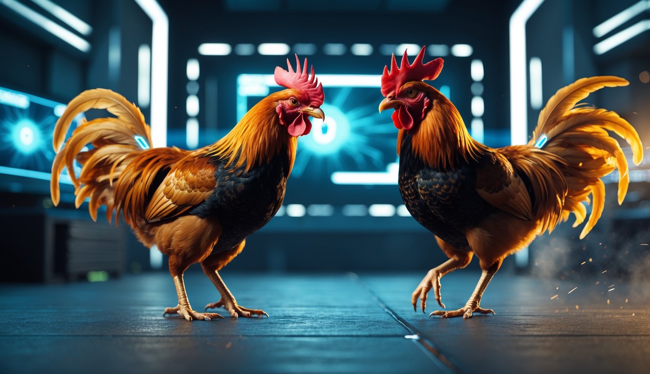 Dua ayam jago sedang bertarung dalam lingkungan virtual dengan latar belakang futuristik dan pencahayaan lembut.