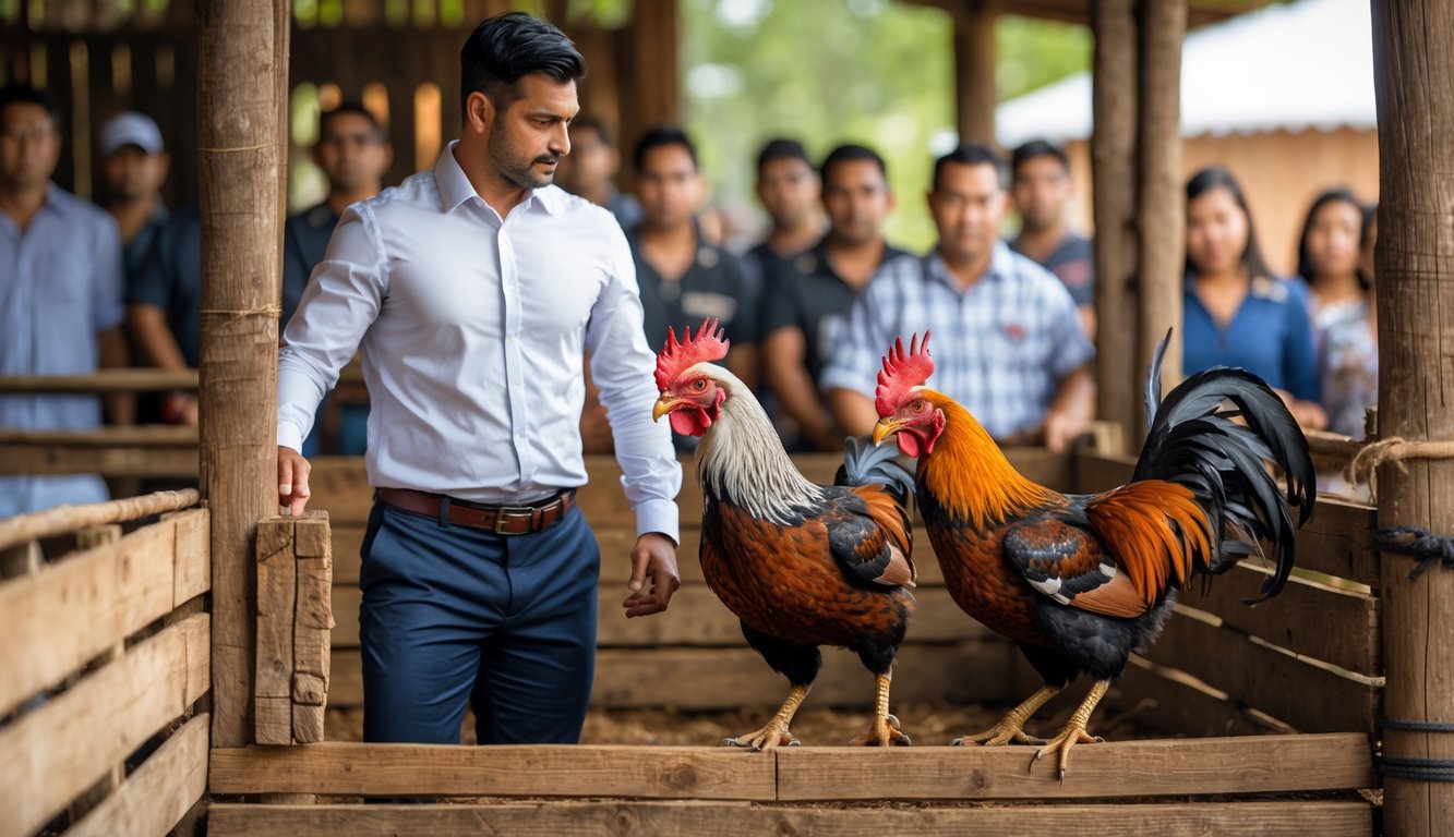 Seorang agen berdiri di samping arena sabung ayam dengan dua ayam jago sedang bertarung, di luar ruangan dengan beberapa penonton mengamati.