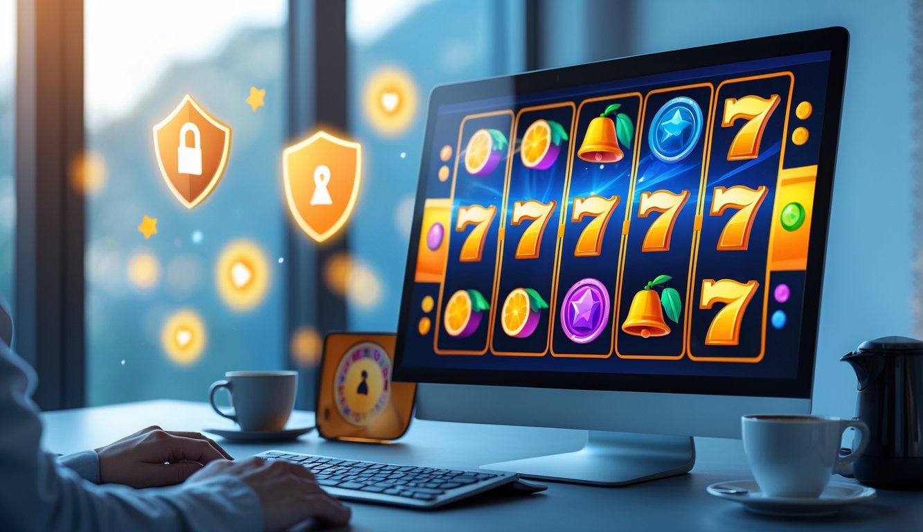 Tampilan dekat layar komputer dengan permainan slot online yang berwarna-warni dan simbol berputar, di atas meja kerja yang rapi dengan keyboard dan cangkir kopi.