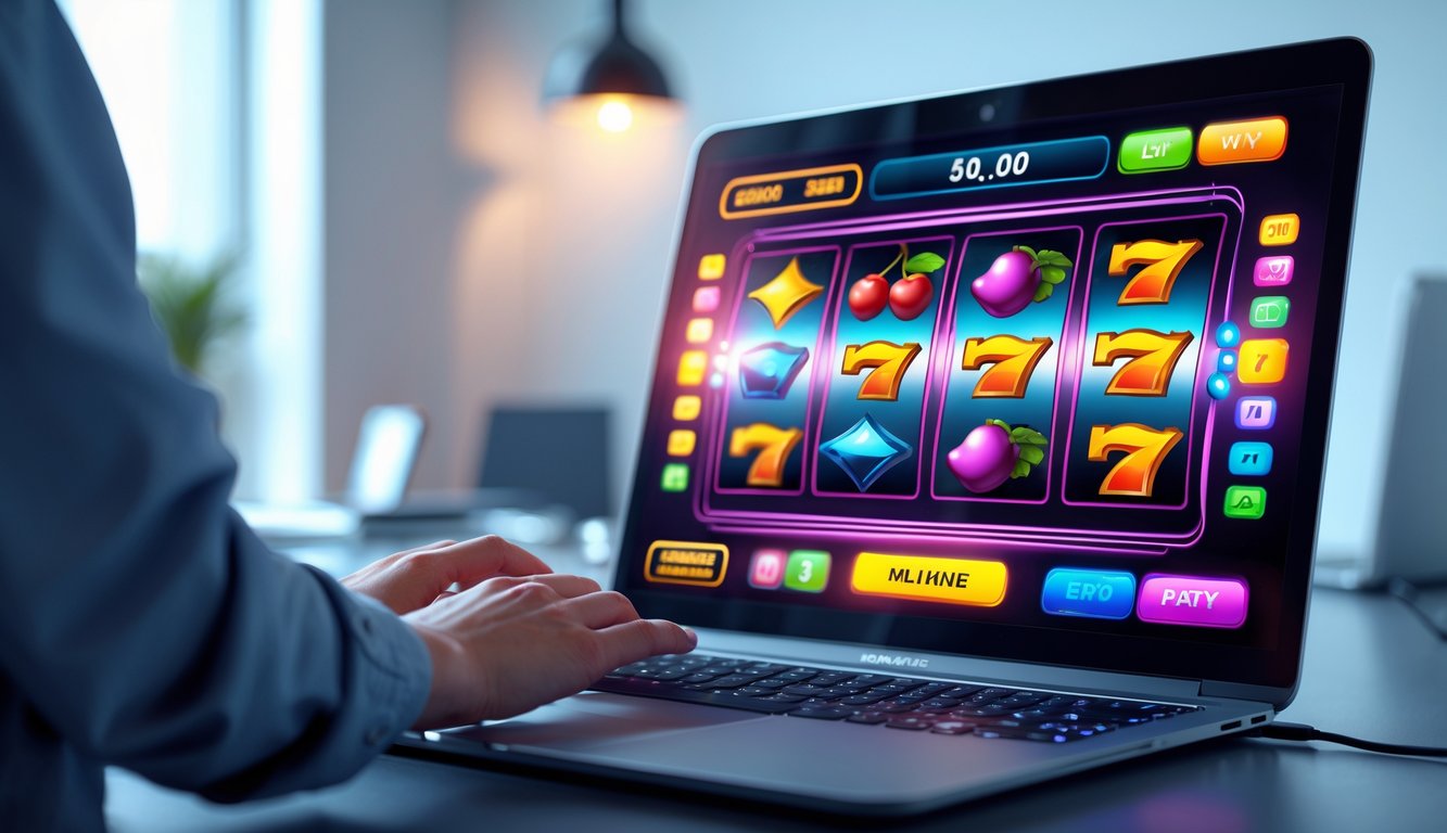 Seseorang bermain permainan slot online di komputer dengan latar belakang ruangan modern yang rapi.