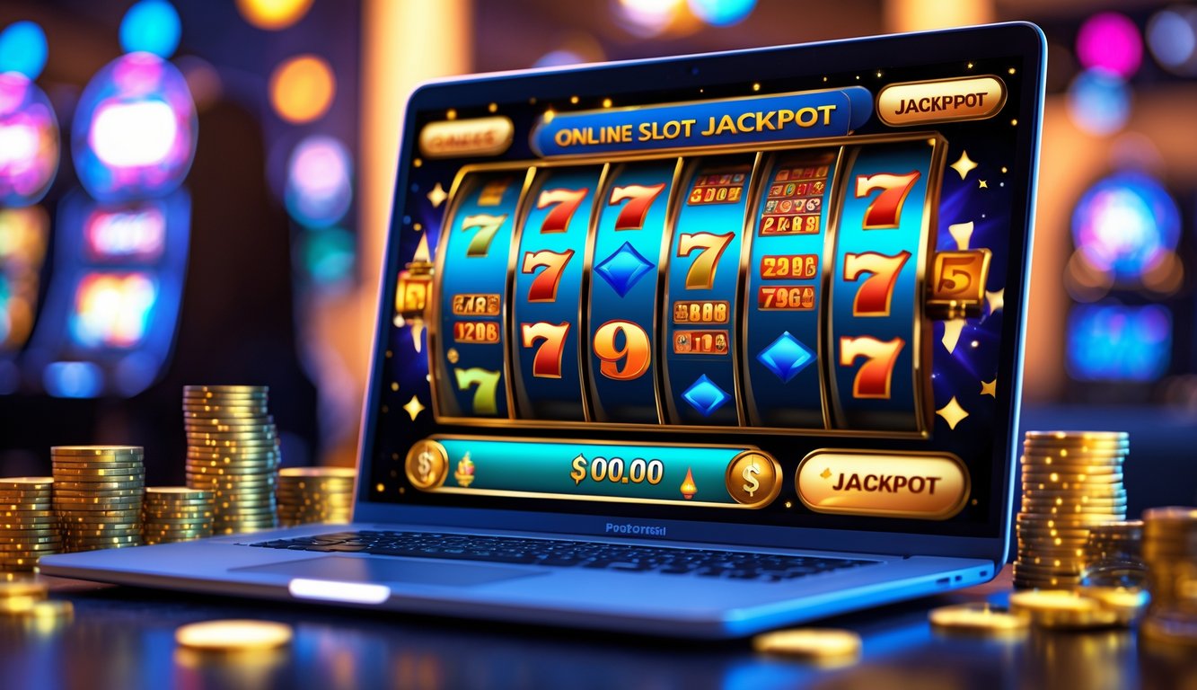Layar komputer menampilkan permainan mesin slot online dengan simbol-simbol berwarna cerah dan koin mengkilap di sekitarnya.