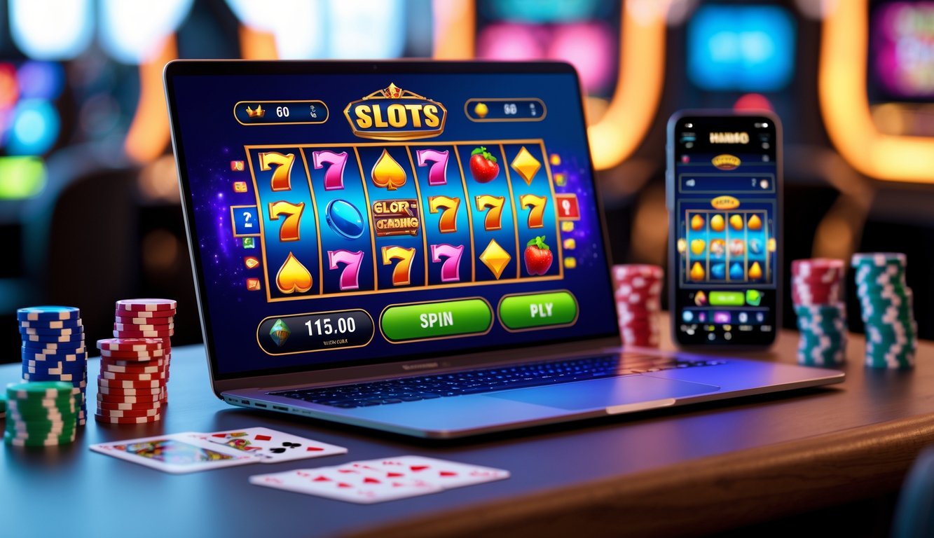 Seorang pengguna sedang bermain permainan slot online di laptop dengan latar belakang suasana kasino modern.