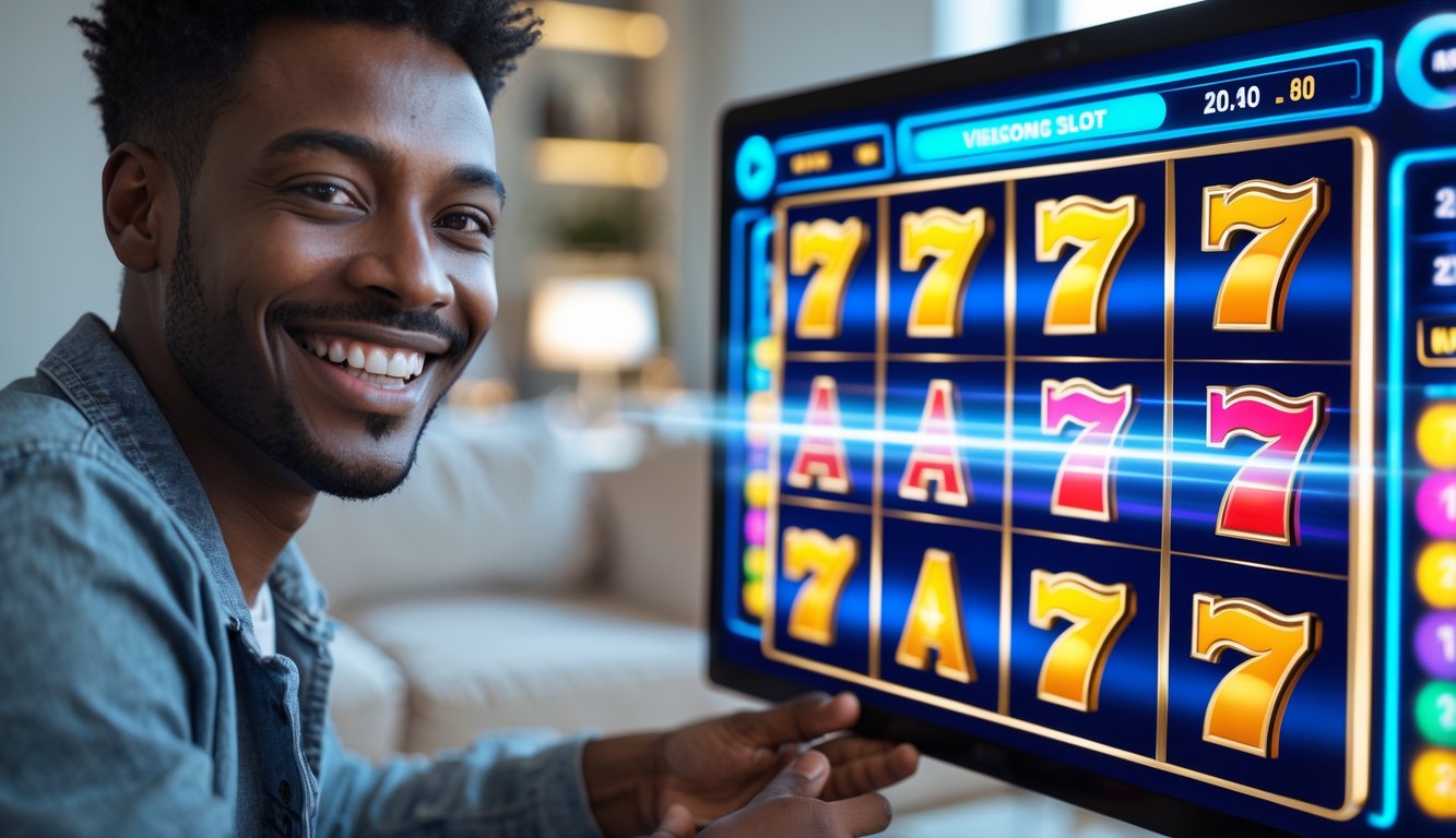 Seorang pemain dewasa tersenyum memegang perangkat dengan layar permainan slot online yang berwarna-warni dan menarik.