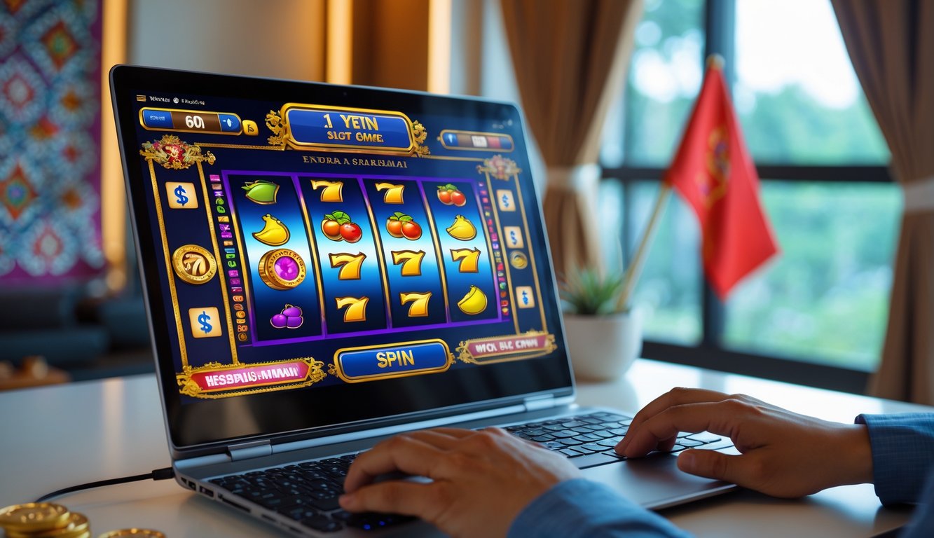 Seorang pengguna bermain permainan slot online di komputer dengan latar belakang elemen budaya Indonesia.