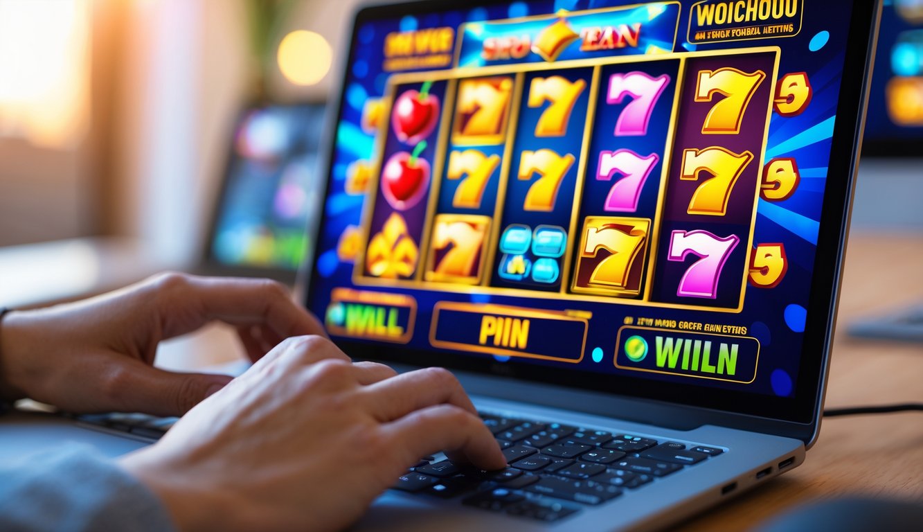 Seseorang sedang bermain permainan slot online di layar komputer dengan simbol-simbol slot yang berwarna-warni.