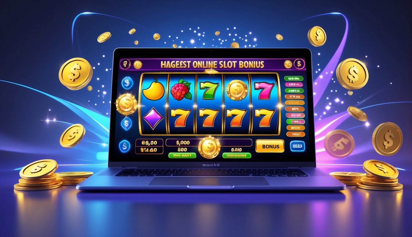 Layar komputer menampilkan mesin slot online berwarna-warni dengan koin dan simbol bonus di sekitarnya.