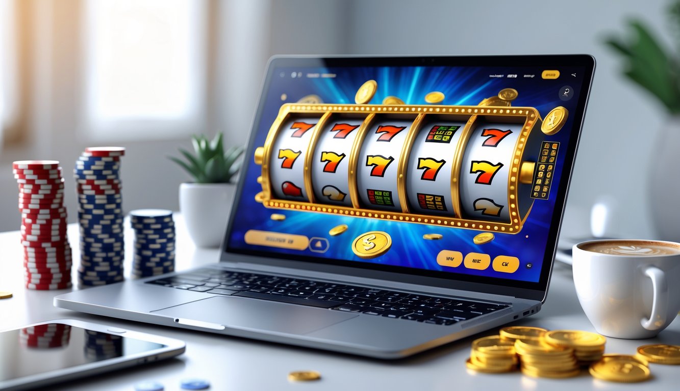 Sebuah laptop menampilkan permainan slot online dengan simbol kemenangan di layar, dikelilingi oleh tumpukan chip poker dan ponsel yang menunjukkan notifikasi jackpot.