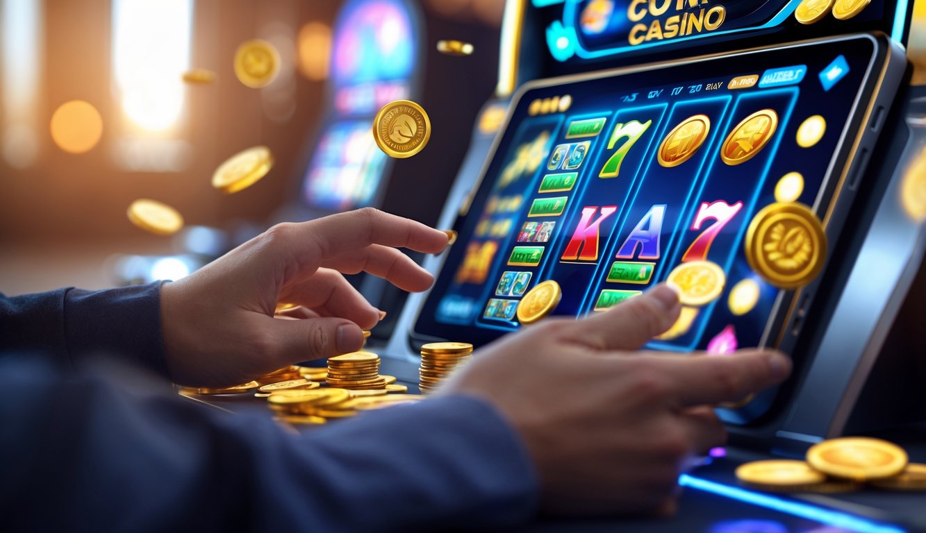 Seseorang menggunakan tablet dengan tampilan permainan slot online yang berwarna-warni di layar.