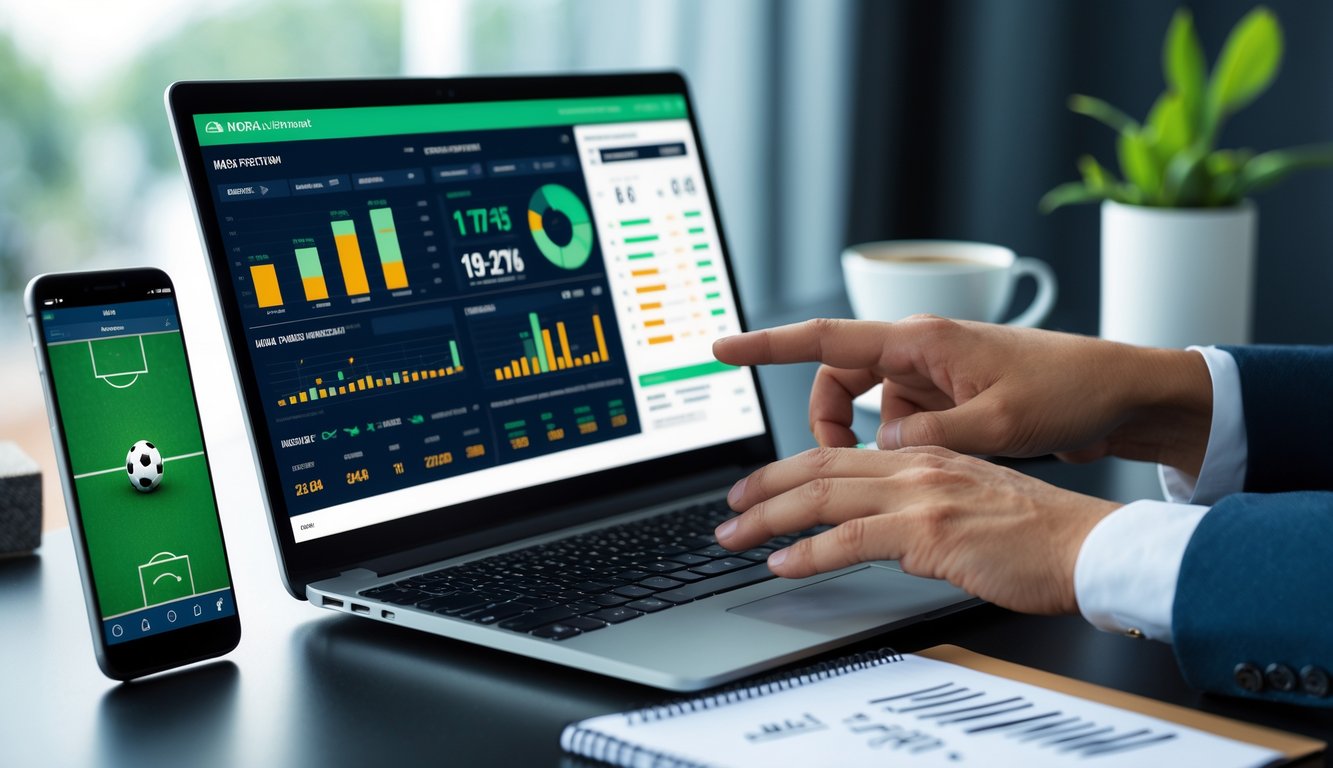 Seorang pria menggunakan laptop dengan tampilan analisis pertandingan sepak bola di layar, dikelilingi oleh ponsel, kopi, dan buku catatan di meja kerja.