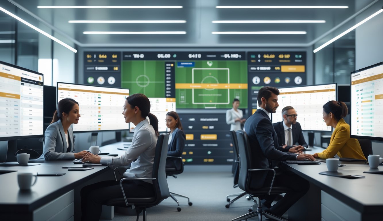 Orang-orang di kantor modern yang sedang menggunakan komputer dengan tampilan statistik dan skor pertandingan sepak bola.