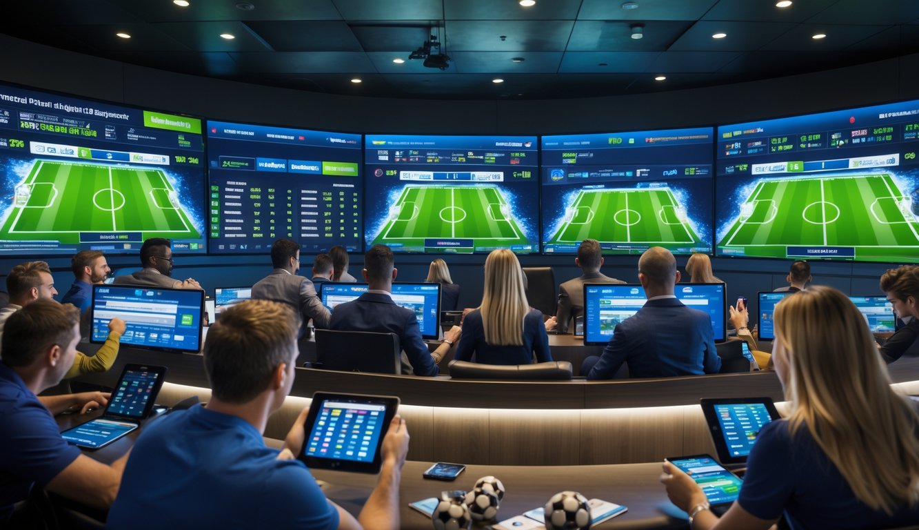 Orang-orang sedang menonton pertandingan sepak bola langsung dan memasang taruhan di sebuah ruang taruhan modern.