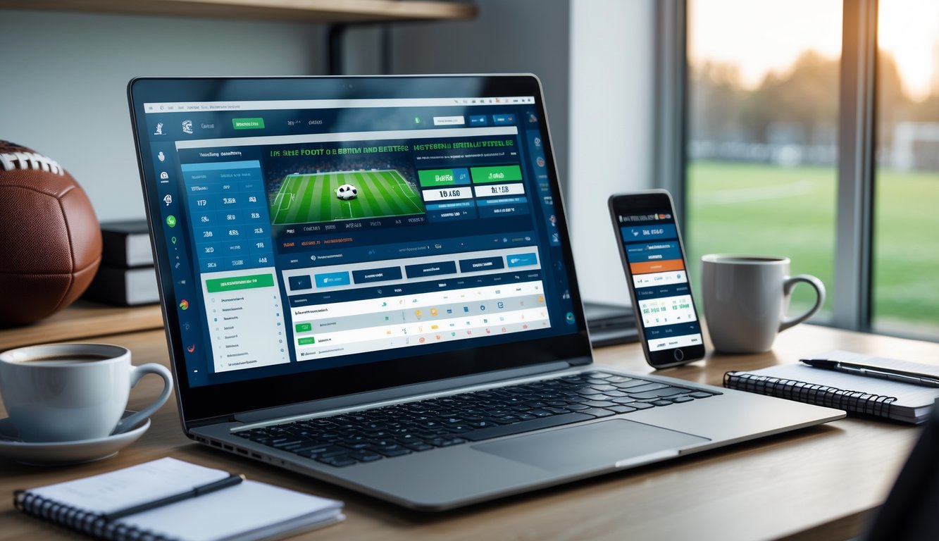 Seseorang duduk di depan laptop dengan tampilan situs taruhan bola online, di meja terdapat ponsel, kopi, dan buku catatan.