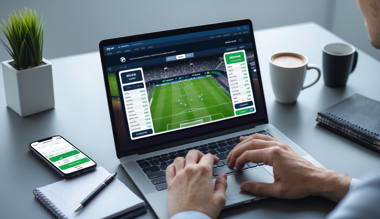Seseorang menggunakan laptop untuk bertaruh bola online dengan pertandingan sepak bola di layar.