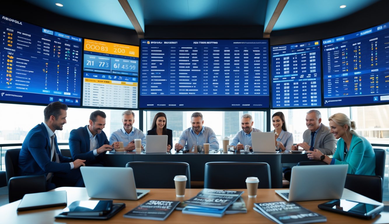 Sekelompok orang dewasa sedang melihat layar besar dengan statistik pertandingan sepak bola dan memasang taruhan di perangkat mereka dalam ruangan modern.