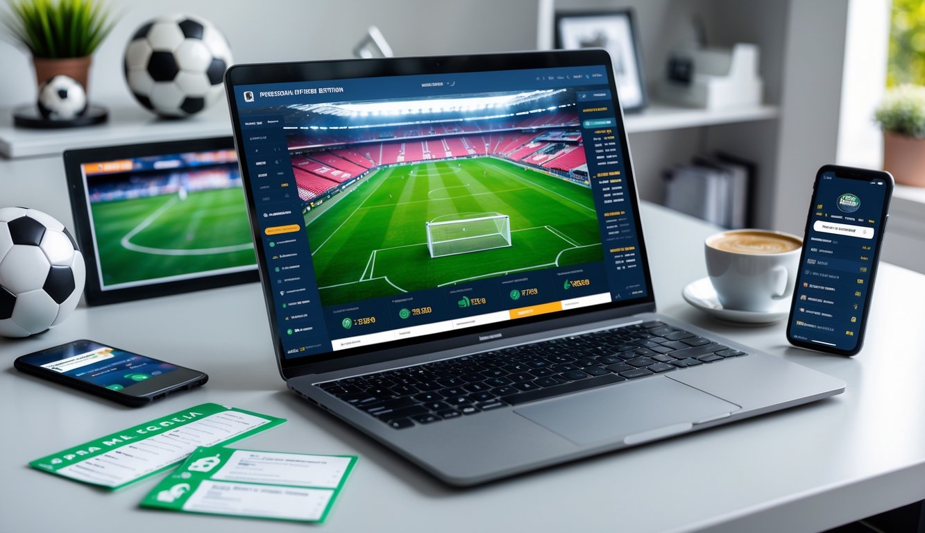 Seorang pria menggunakan laptop di meja dengan layar menampilkan pertandingan sepak bola, dikelilingi oleh elemen yang terkait dengan taruhan online.