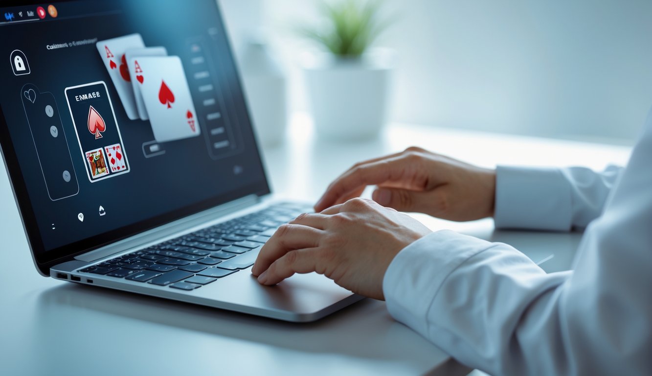 Seseorang menggunakan laptop dengan permainan kartu digital di layar dalam ruangan yang modern dan rapi.