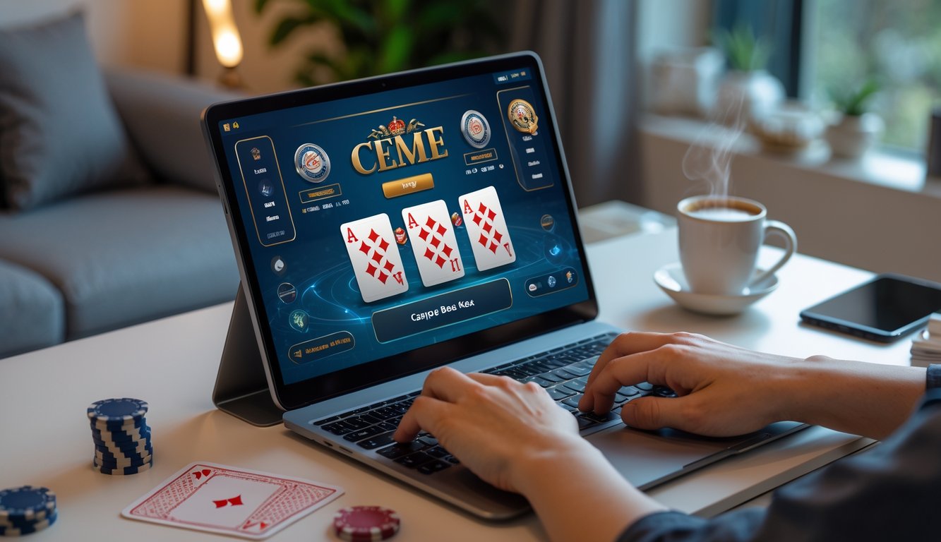 Seseorang bermain permainan kartu Ceme secara online menggunakan laptop di ruang tamu yang nyaman.