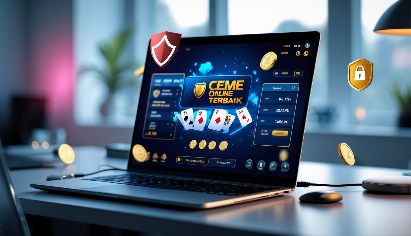 Seorang pengguna sedang bermain permainan kartu online di laptop di meja kerja yang rapi dan terang.