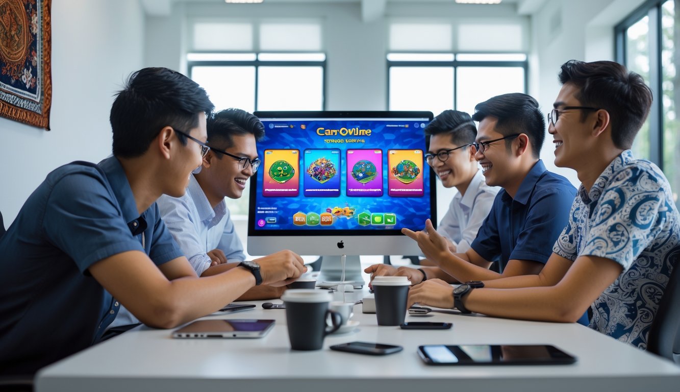 Sekelompok profesional muda di kantor modern sedang bermain permainan kartu online bersama di depan komputer.