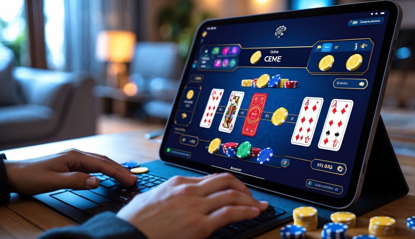 Seseorang bermain judi Ceme online menggunakan tablet di ruangan yang nyaman dengan pencahayaan terang.