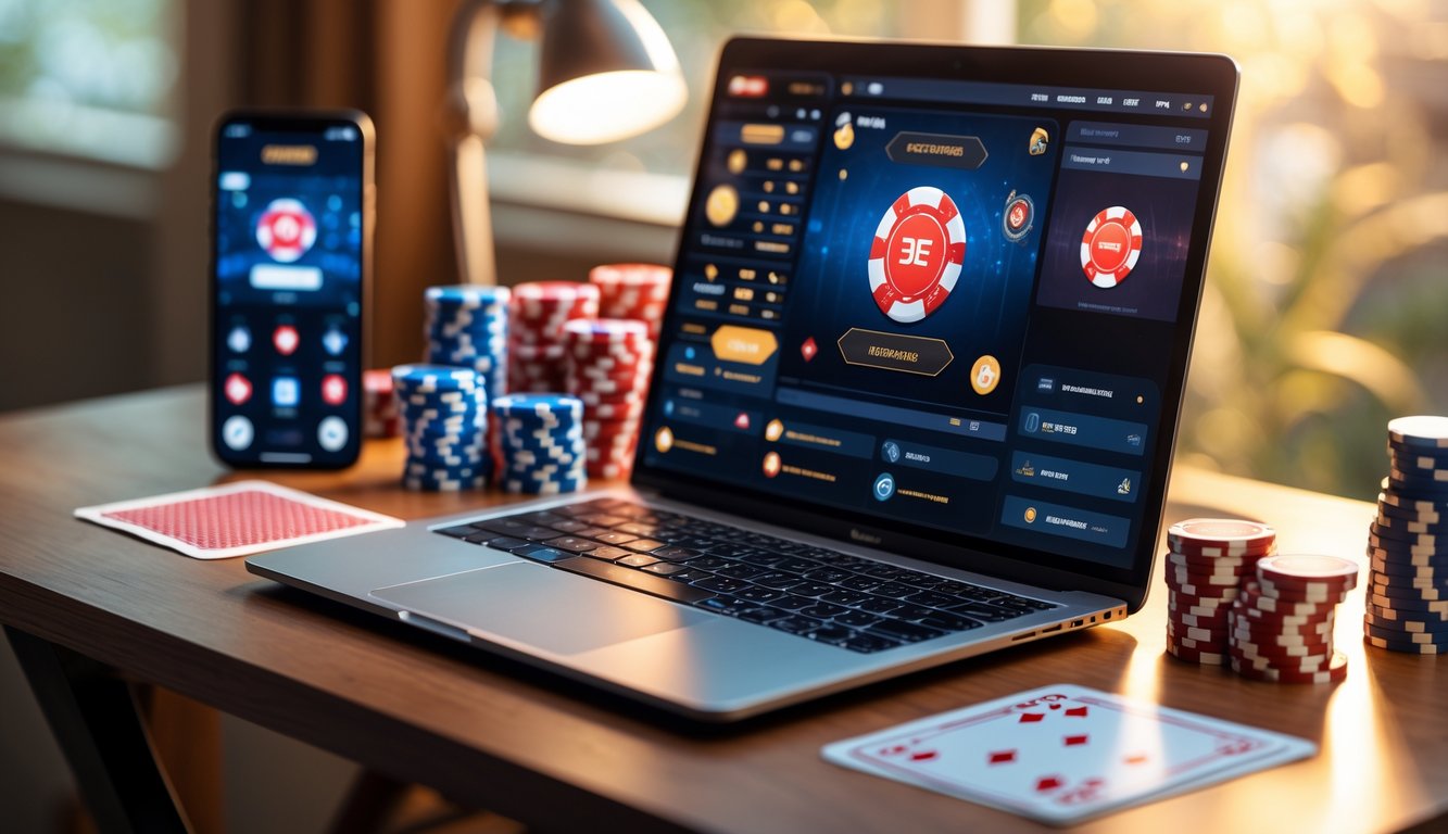 Seorang pria duduk di depan laptop dengan tampilan permainan kartu digital dan beberapa chip poker di meja kayu.