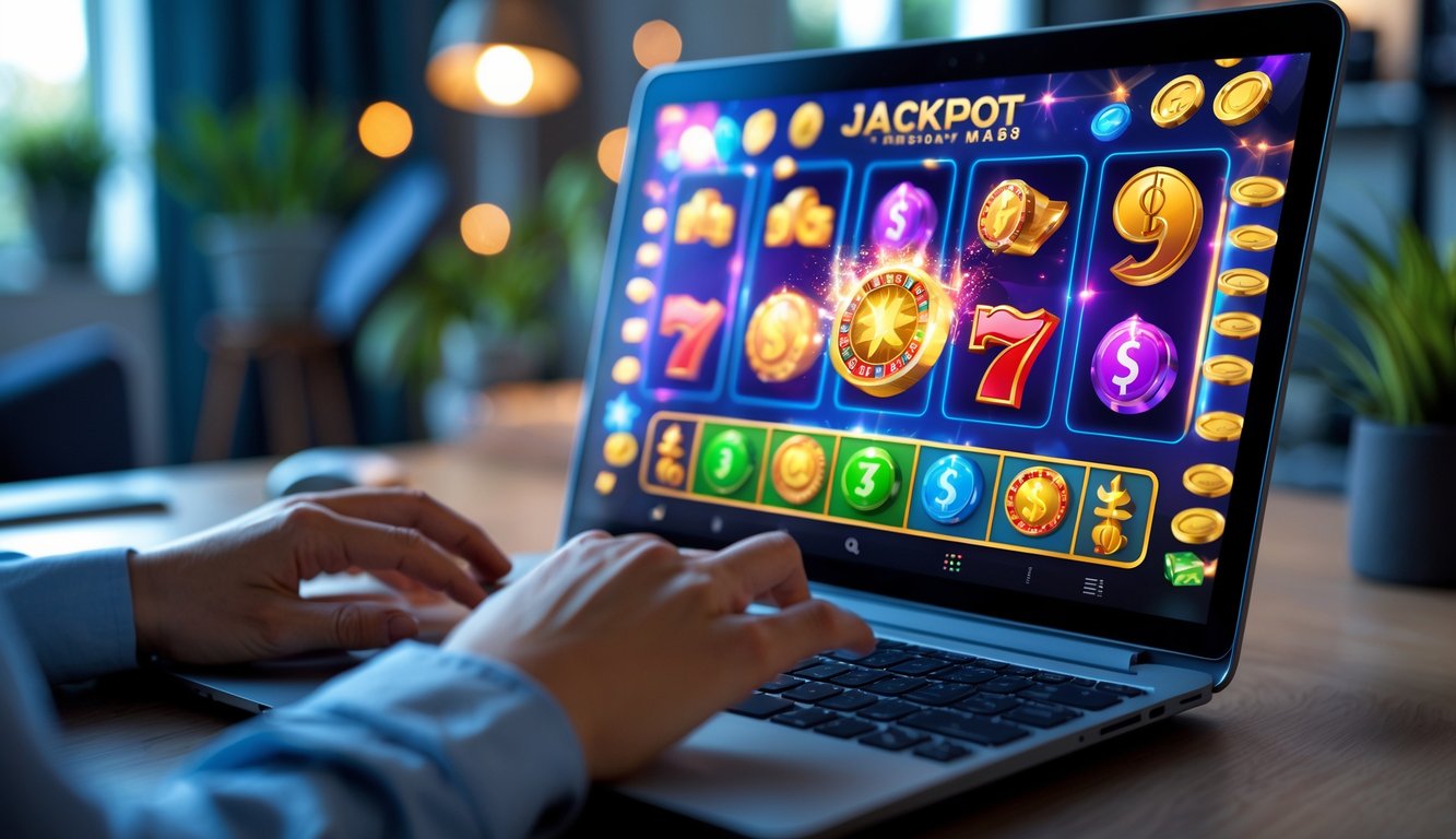 Seseorang bermain permainan jackpot online di depan komputer di ruangan yang nyaman.