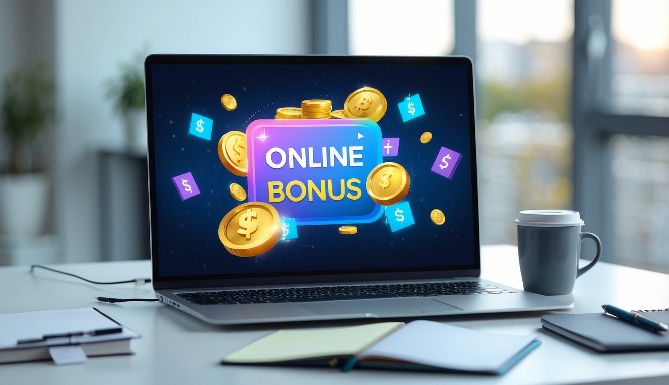 Meja kerja modern dengan laptop menampilkan ilustrasi hadiah digital dan bonus online.