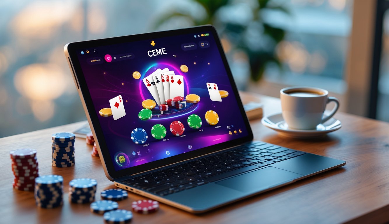 Sebuah meja dengan laptop yang menampilkan permainan kartu Ceme online, dikelilingi oleh chip poker dan dadu.
