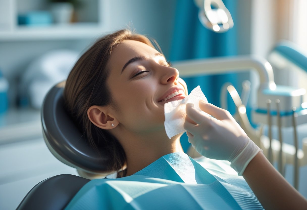 A patient sitting in a dental chair holding a gauze pad to their cheek after wisdom tooth extraction in a modern dental clinic.