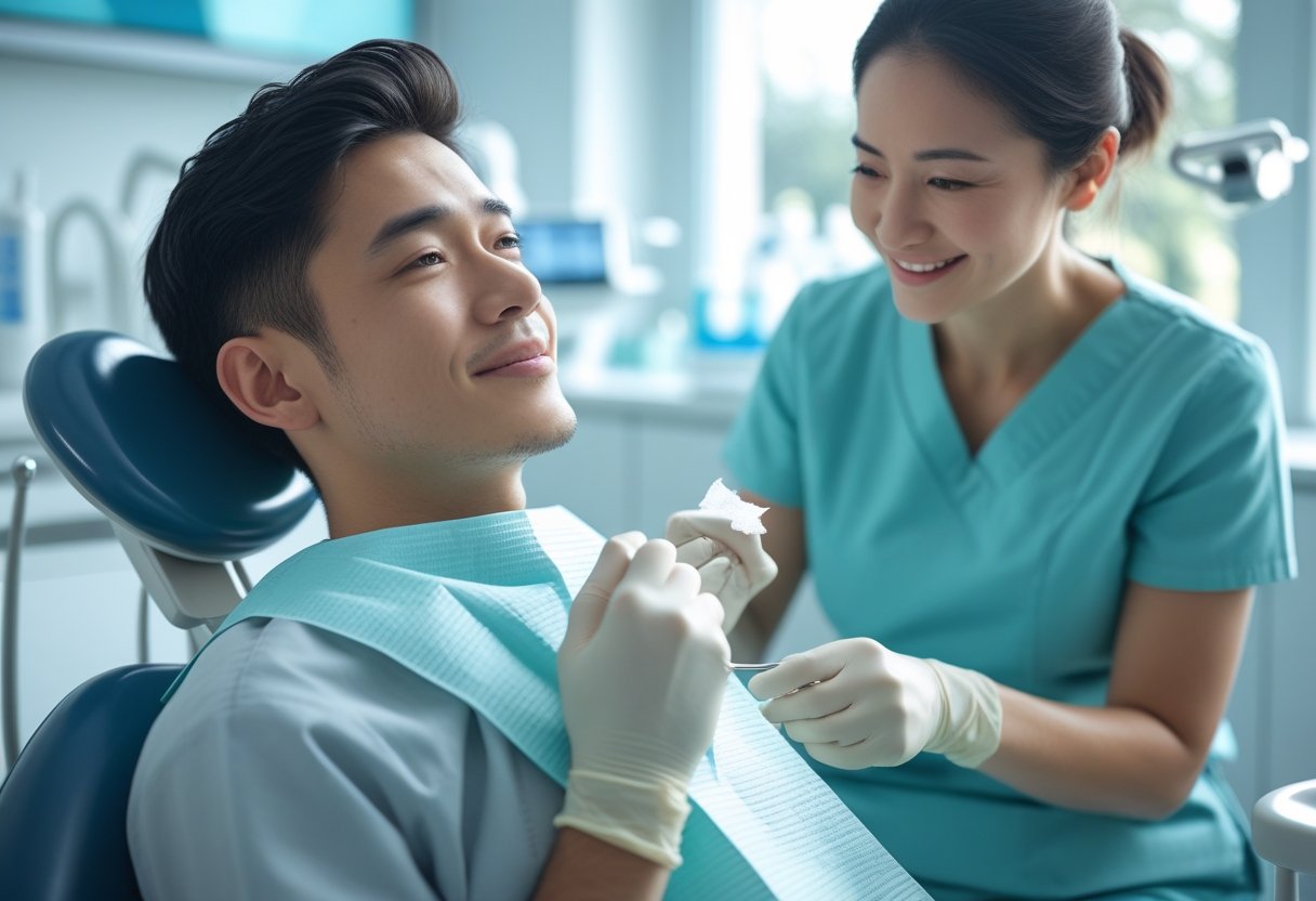 A young adult patient sits in a dental chair holding a gauze pad to their cheek after wisdom tooth extraction, while a dental professional stands nearby offering support in a modern dental clinic.