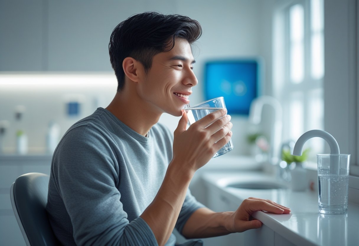 A person gently rinsing their mouth with water at home after wisdom tooth extraction, sitting in a clean, modern clinic-like environment.