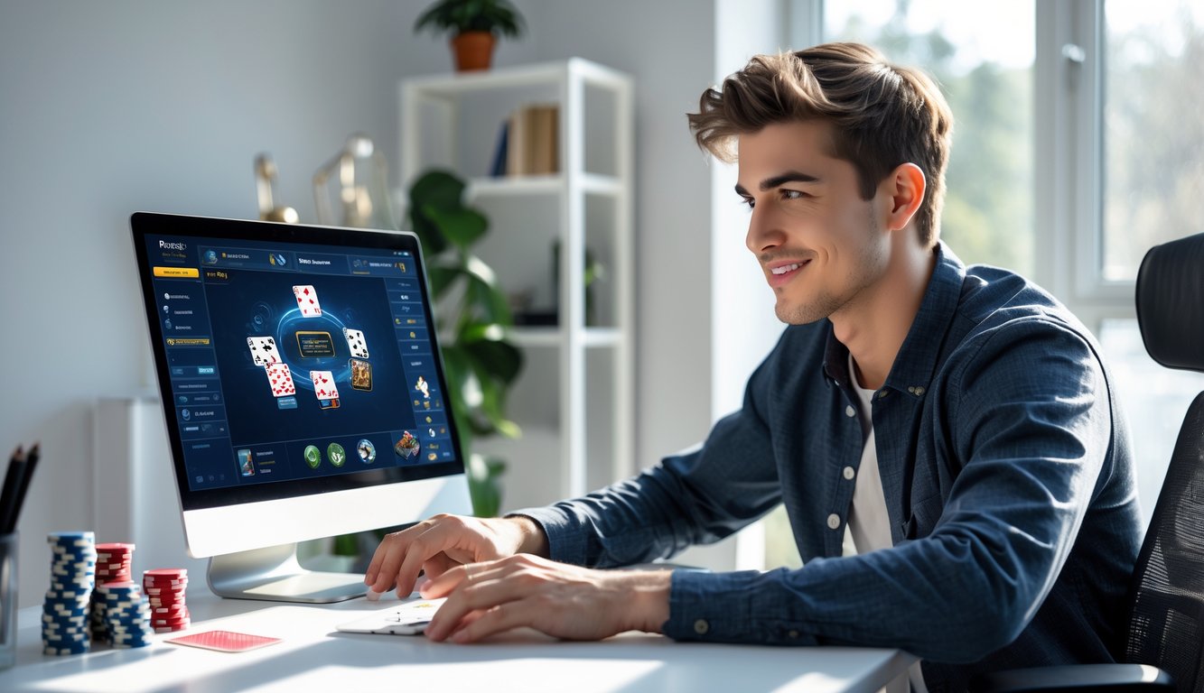 Seorang pria muda duduk di meja modern dengan laptop yang menampilkan permainan kartu digital, di ruang kerja rumah yang terang dan rapi.