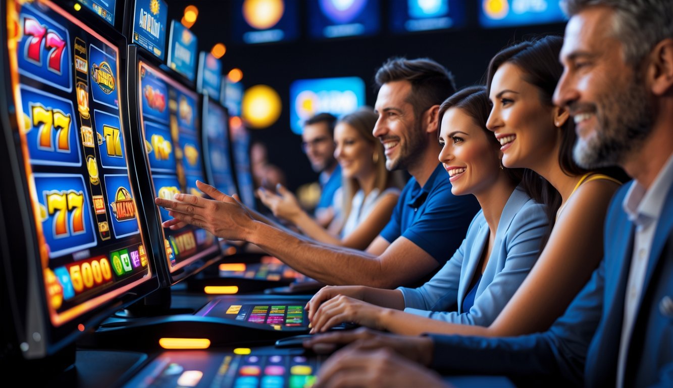 Orang-orang bermain permainan slot online di depan komputer dengan suasana yang cerah dan modern.