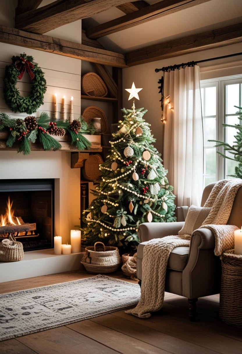 A cozy farmhouse room with a decorated Christmas tree, a fireplace with festive greenery, and comfortable seating.