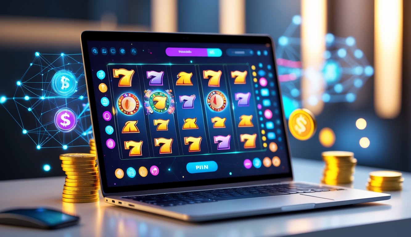 Komputer dengan layar menampilkan permainan slot online berwarna-warni di atas meja bersih dengan latar belakang kabur.