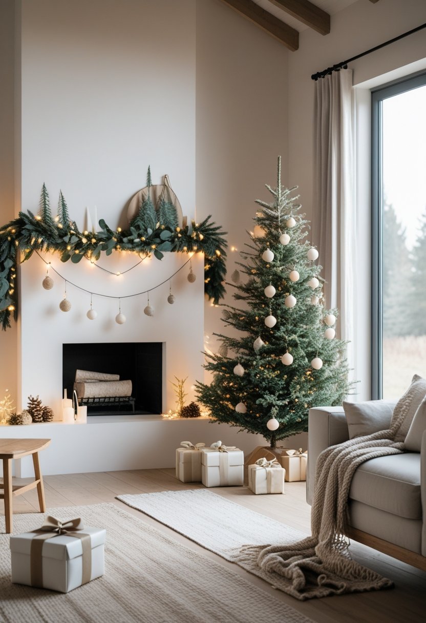 A cozy living room with a white fireplace decorated with evergreen garlands and warm lights, a Christmas tree with simple ornaments, and wrapped presents on the floor.