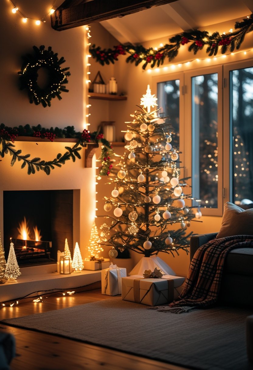A living room decorated for Christmas with a glowing fireplace, a decorated Christmas tree with lights and ornaments, wrapped presents, and cozy seating.