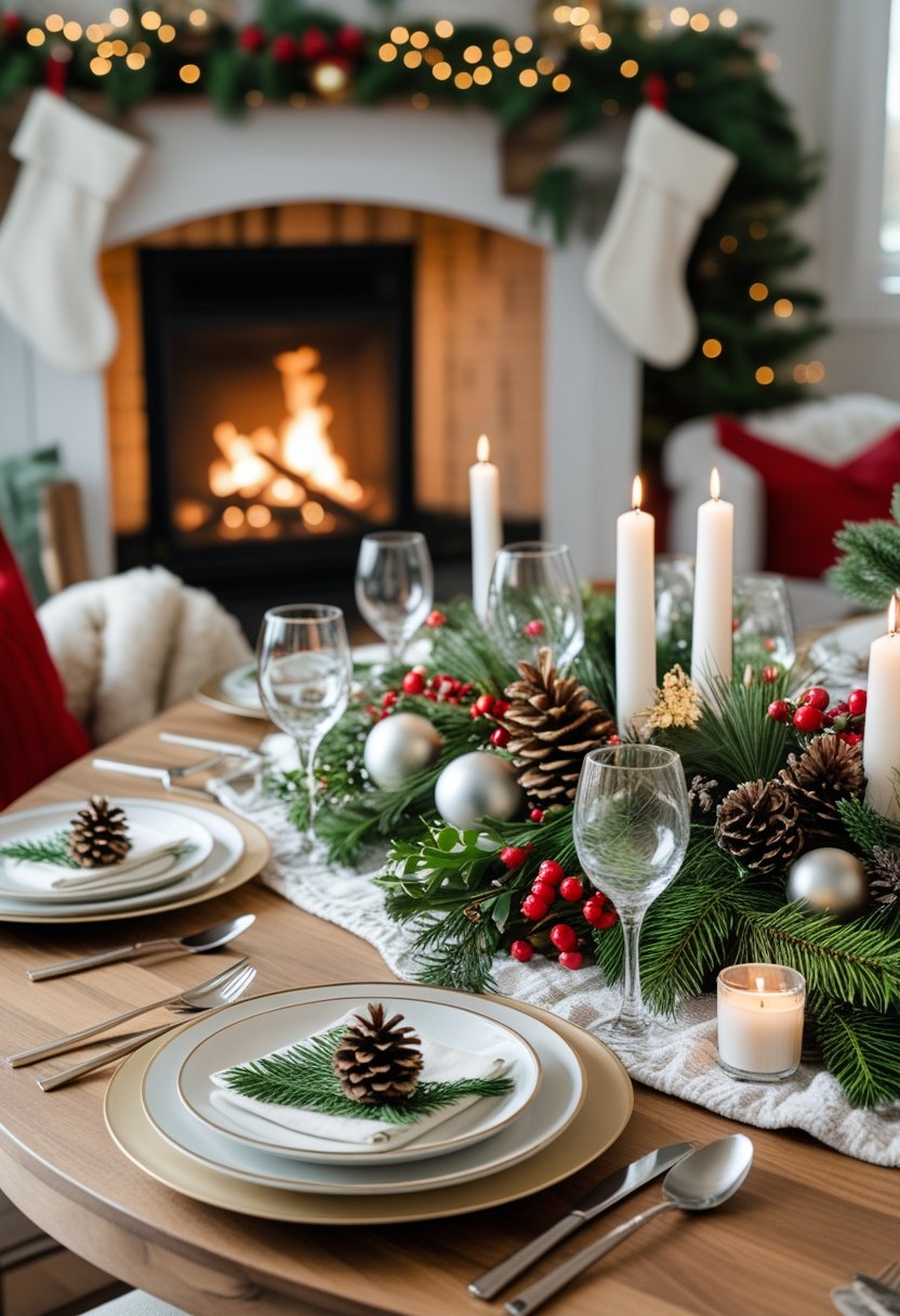 A festive dining table with a Christmas centerpiece of pine branches, candles, and red berries, set near a glowing fireplace decorated for the holidays.